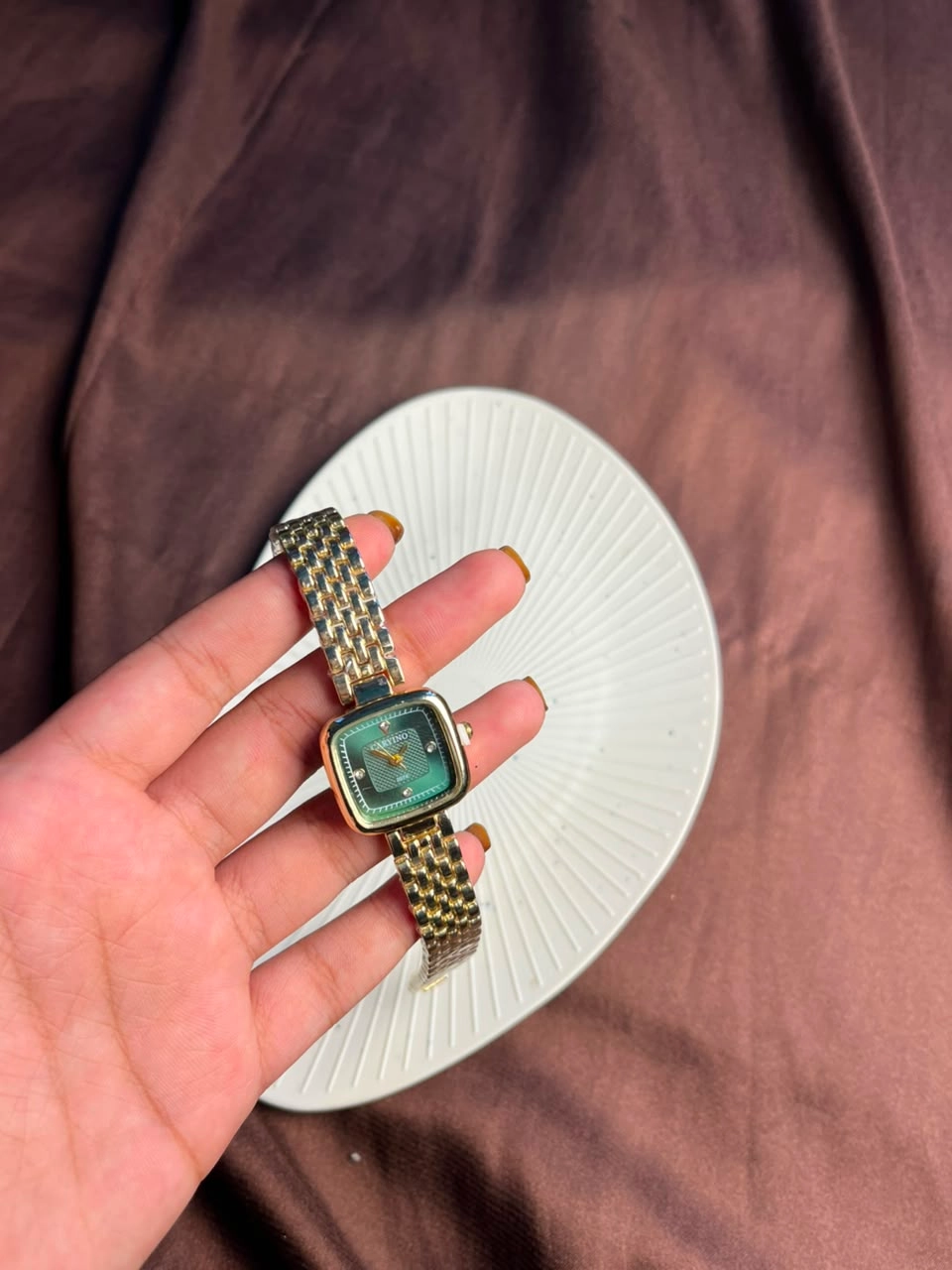 Emerald-Green Square-Face Bangle Watch