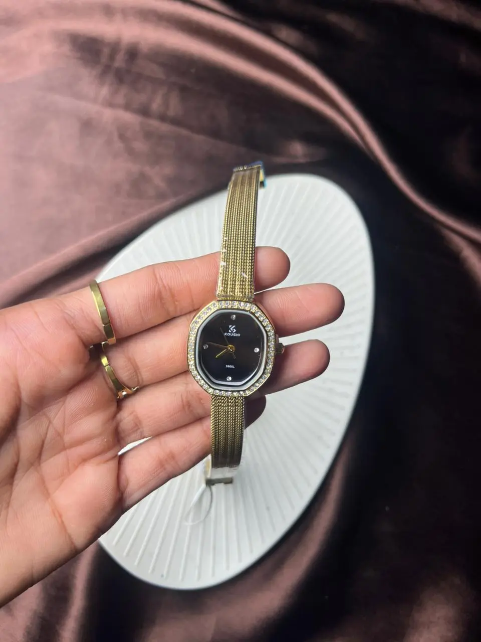 Black Oval-Dial Mesh Bangle Watch