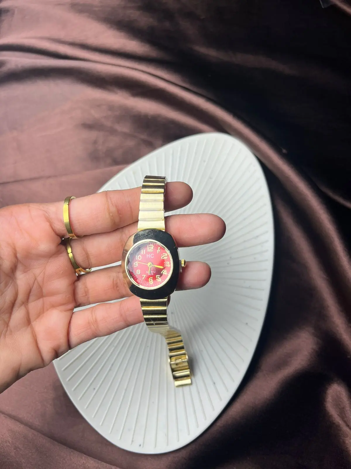 Ruby-Red Oval-Dial Gold Mesh Bangle Watch